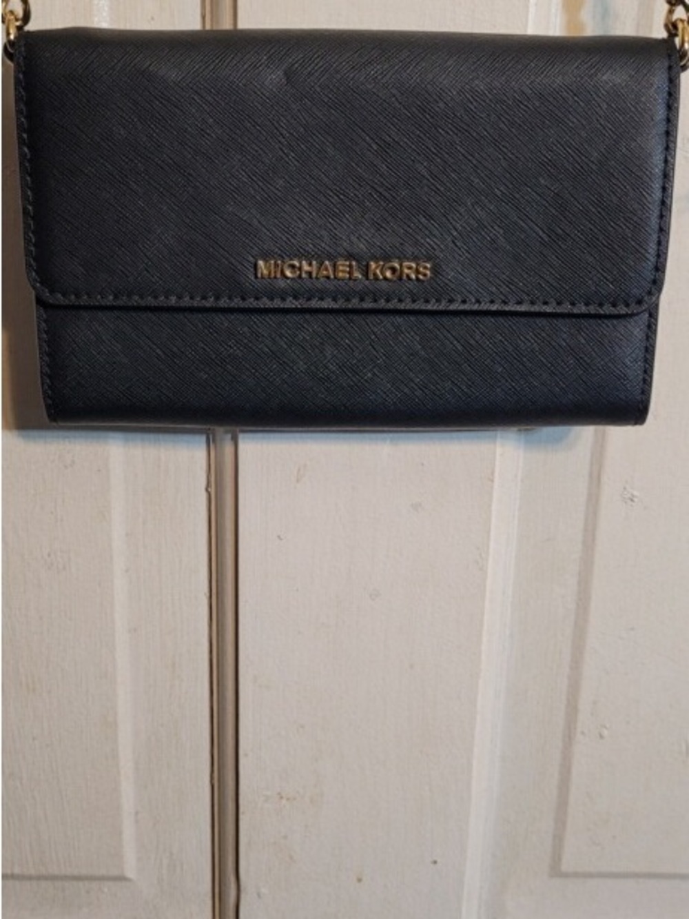 Michael Kors Black Leather Crossbody Wallet with Gold Logo